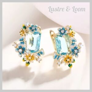 Blue and Gold Floral Earrings